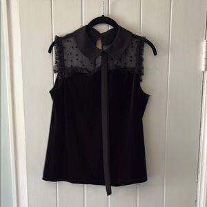 CeCe Black Ruffled Tie Front Blouse with Peter Pan Collar Like New